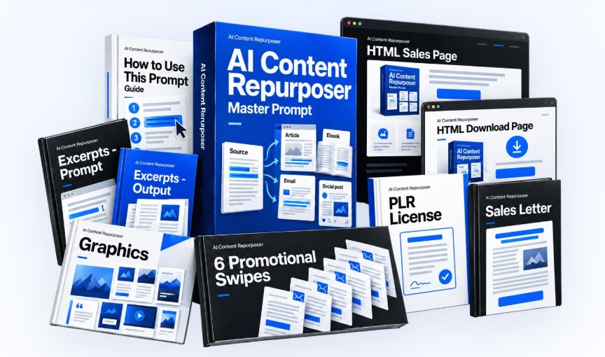 AI Content Repurposer master prompt Review product image showing the master prompt box, guide, PLR license, and bonus materials